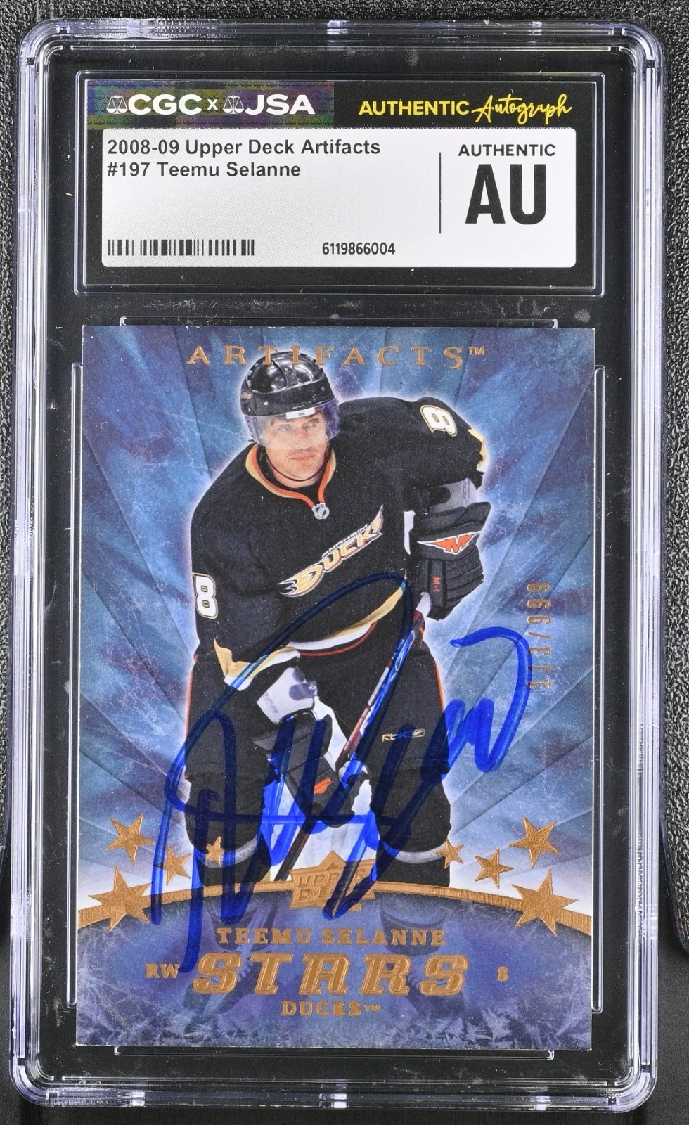 TEEMU SELANNE SIGNED 2008-09 UPPER DECK ARTIFACTS CARD #197 CGC AU JSA AUTO /999