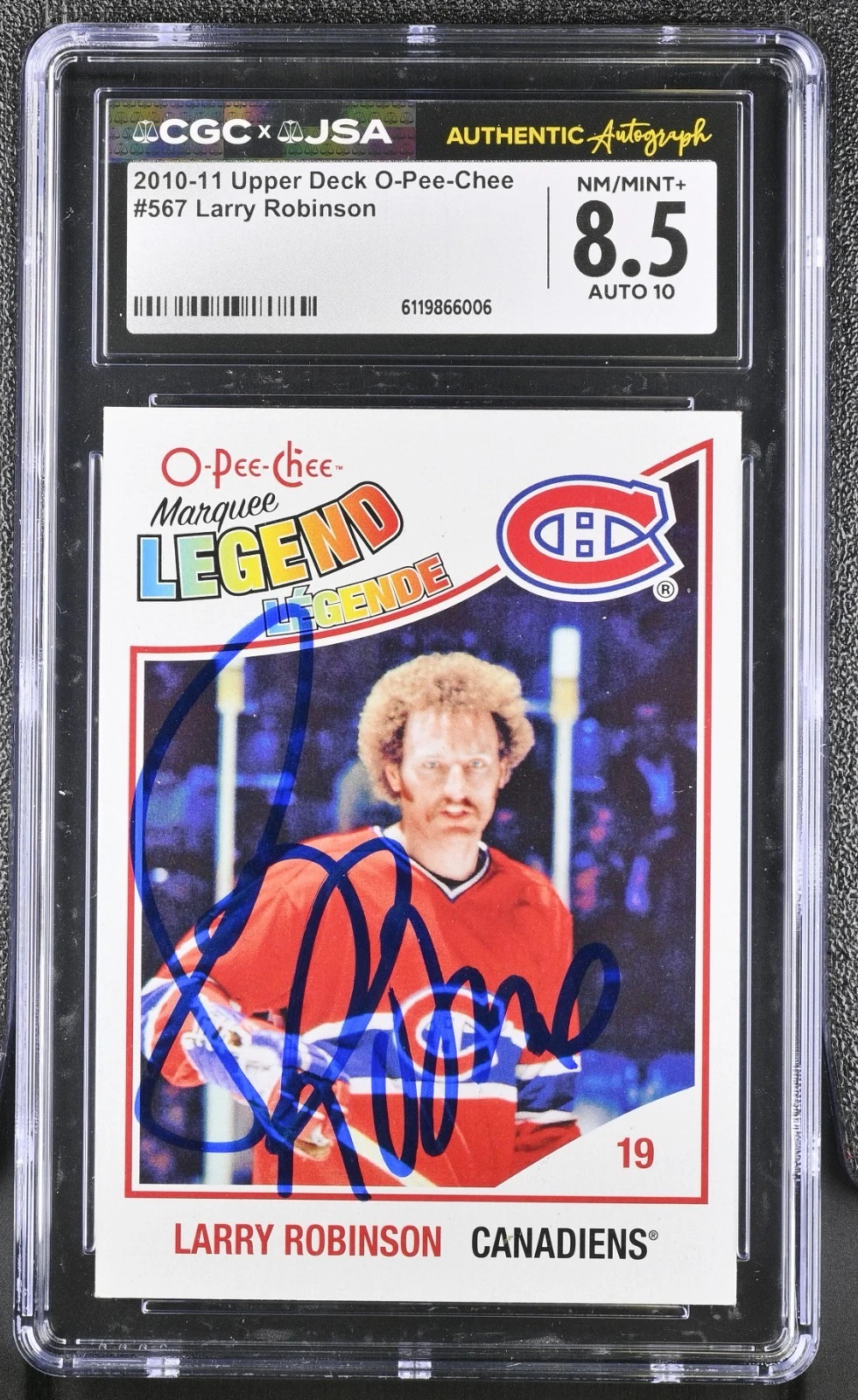 LARRY ROBINSON SIGNED 2010-11 UPPER DECK O-PEE-CHEE CARD 567 CGC 8.5 JSA 10 AUTO