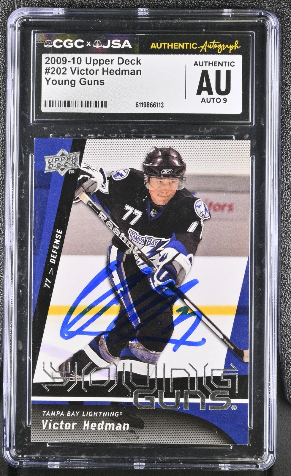 VICTOR HEDMAN SIGNED 2009-10 UPPER DECK YOUNG GUNS CARD #202 CGC AU JSA 9 AUTO