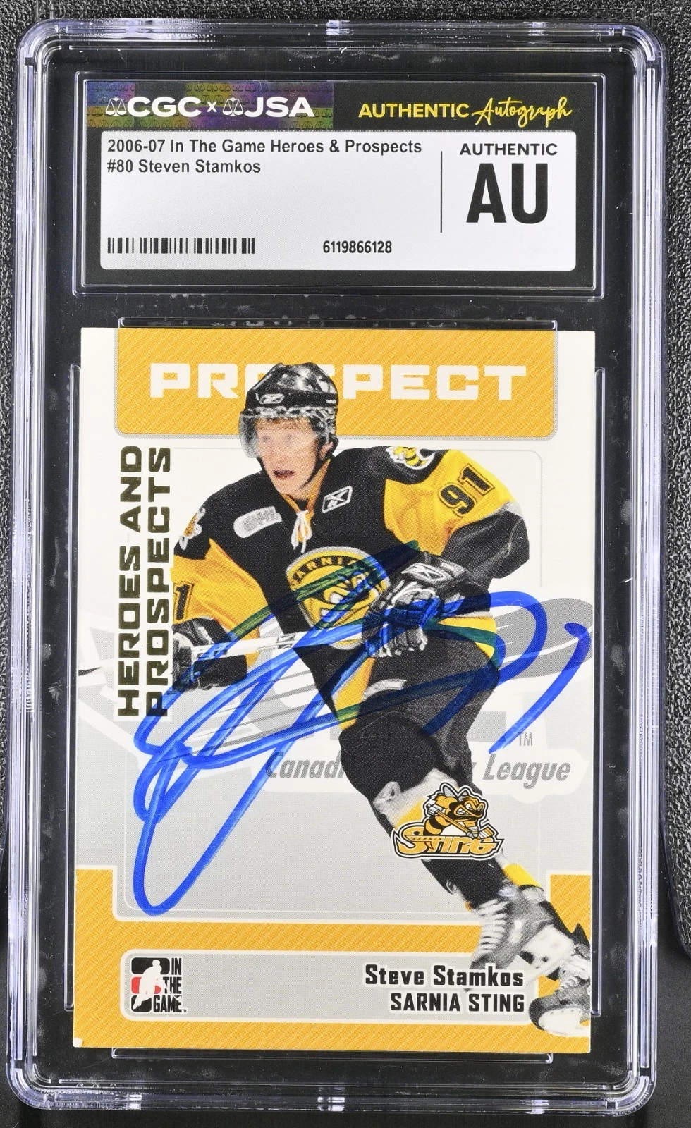 STEVEN STAMKOS SIGNED 2006-07 ITG HEROES & PROSPECTS CARD #80 CGC AU JSA AUTO