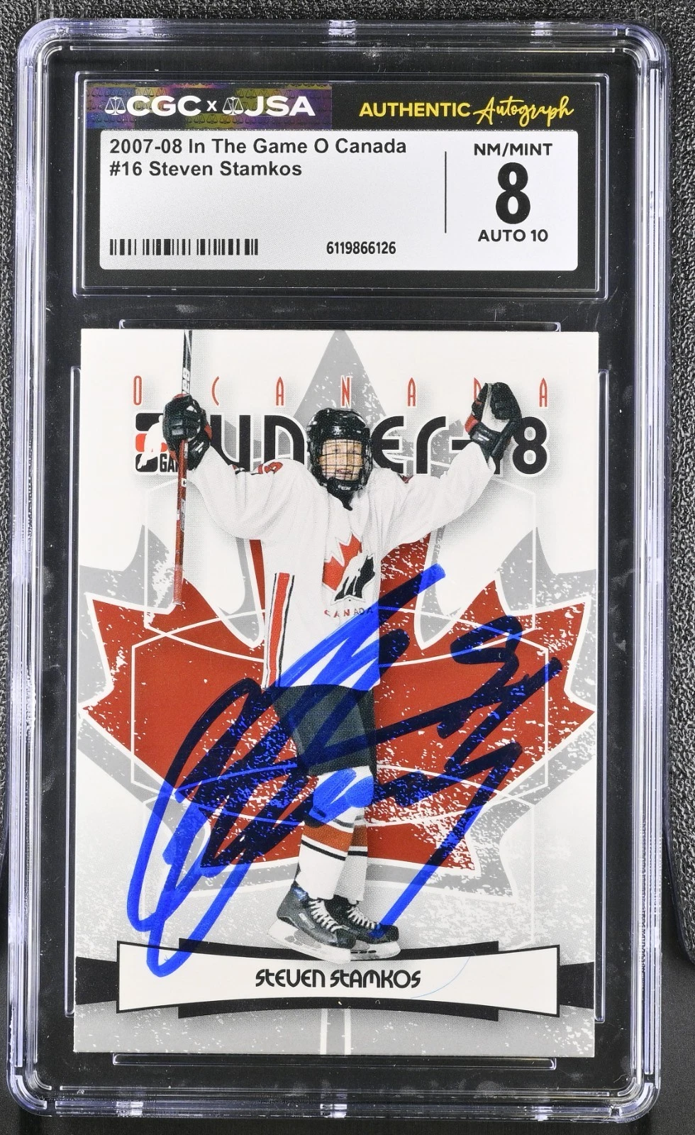 STEVEN STAMKOS SIGNED 2007-08 IN THE GAME O CANADA CARD #16 CGC 8 JSA 10 AUTO