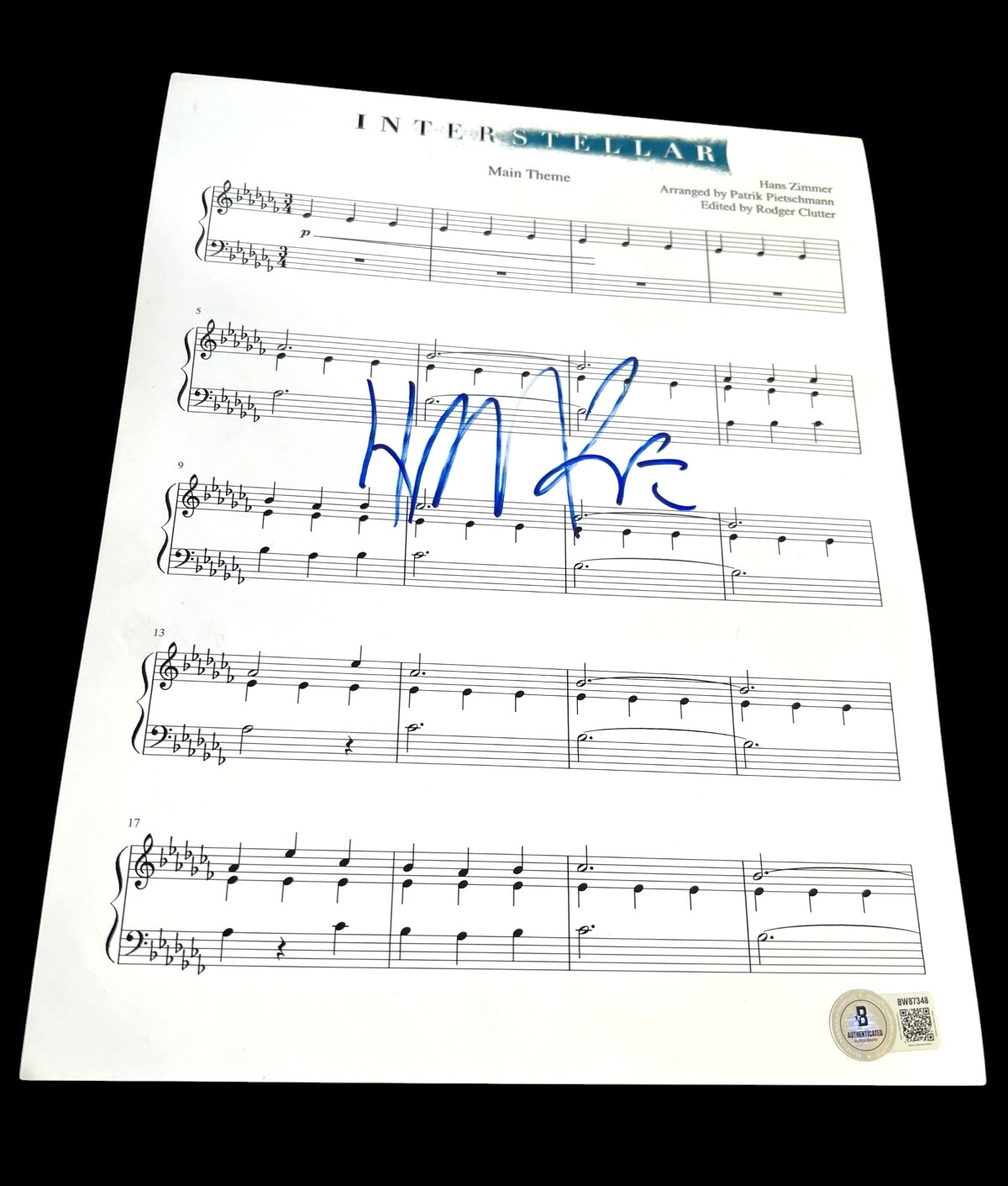 HANS ZIMMER SIGNED AUTOGRAPH SHEET MUSIC INTERSTELLAR BECKETT BAS AUTO COA X3