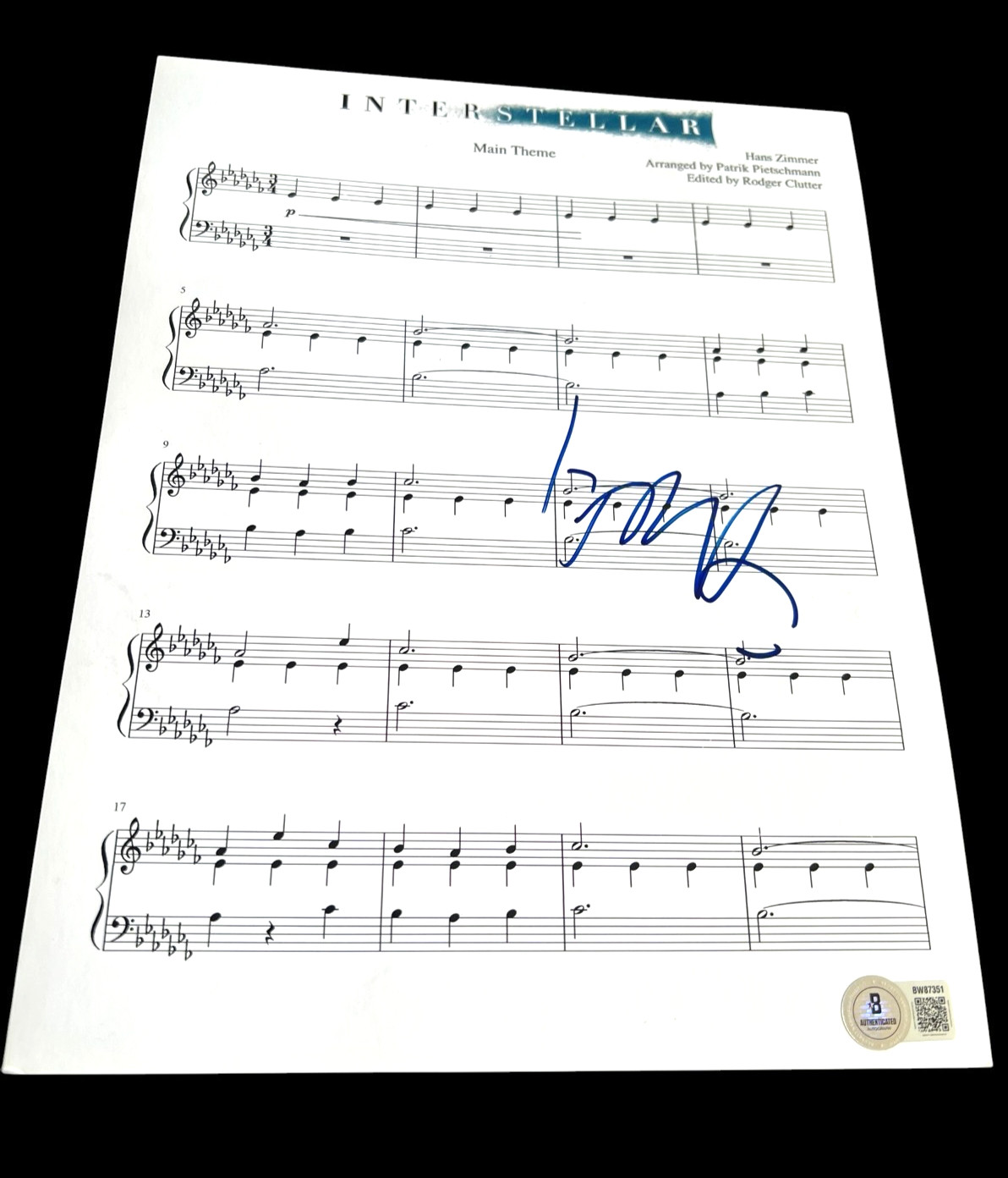 HANS ZIMMER SIGNED AUTOGRAPH SHEET MUSIC INTERSTELLAR BECKETT BAS AUTO COA X3