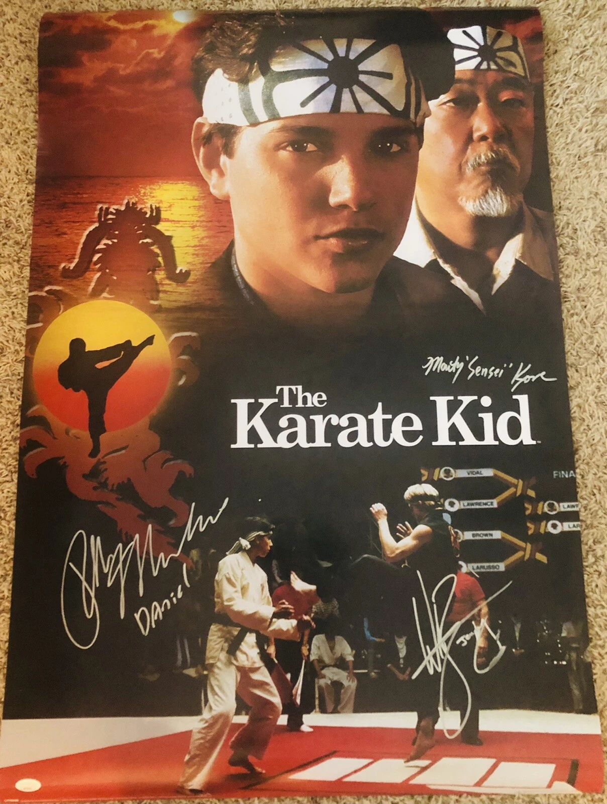 RALPH MACCHIO WILLIAM ZABKA KOVE SIGNED THE KARATE KID 24X36 MOVIE POSTER JSA COLLECTIBLE MEMORABILIA