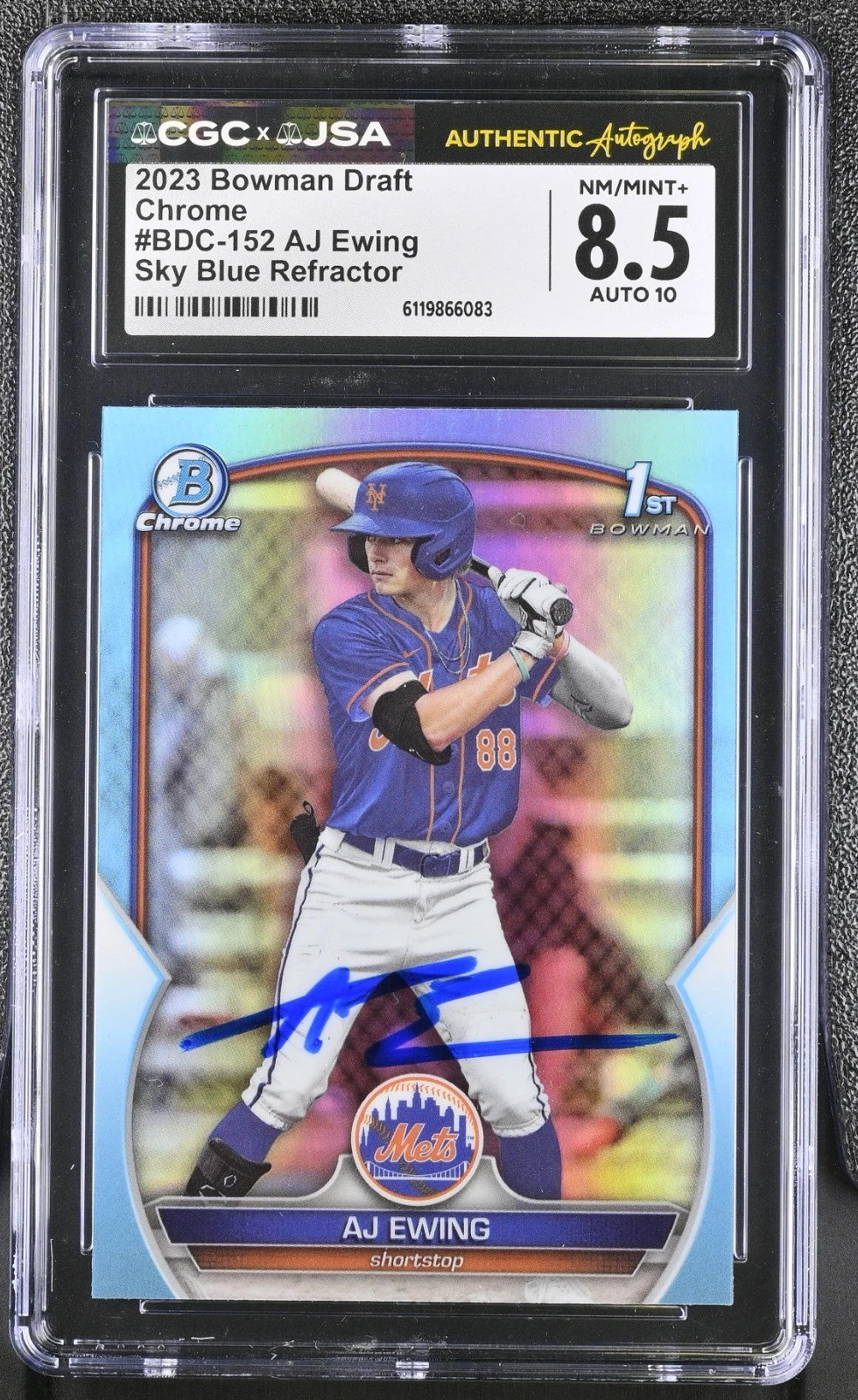 AJ EWING SIGNED 2023 BOWMAN CHROME DRAFT ROOKIE CARD BDC-152 CGC 8.5 JSA 10 AUTO