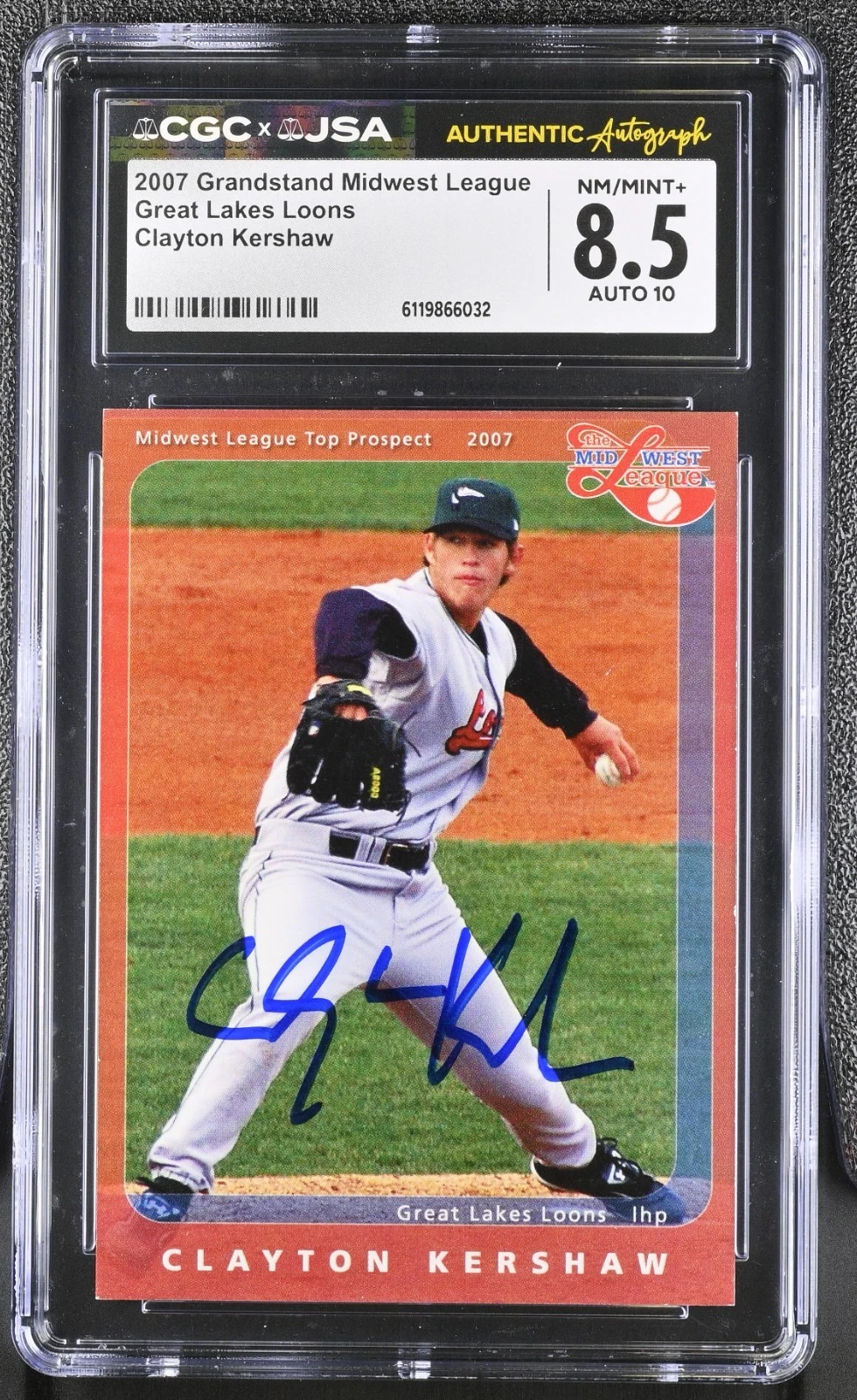 CLAYTON KERSHAW SIGNED 2007 MIDWEST LEAGUE ROOKIE CARD CGC 8.5 JSA 10 AUTO