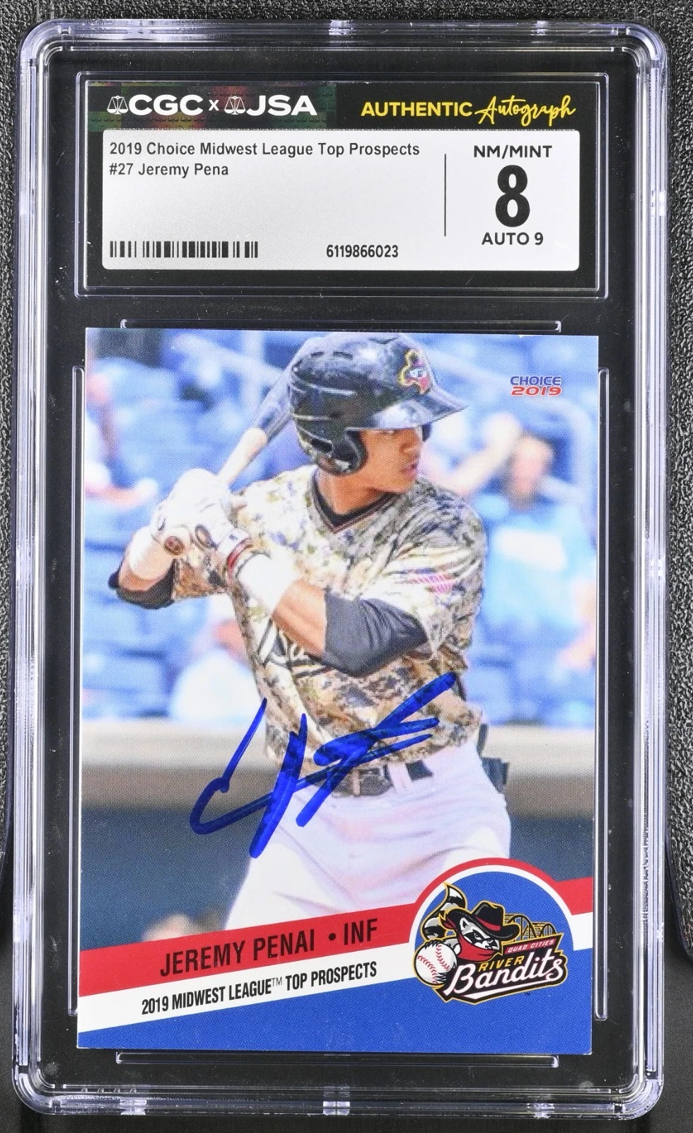 JEREMY PENA SIGNED 2019 MIDWEST LEAGUE PROSPECT ROOKIE CARD #27 CGC 8 JSA 9 AUTO