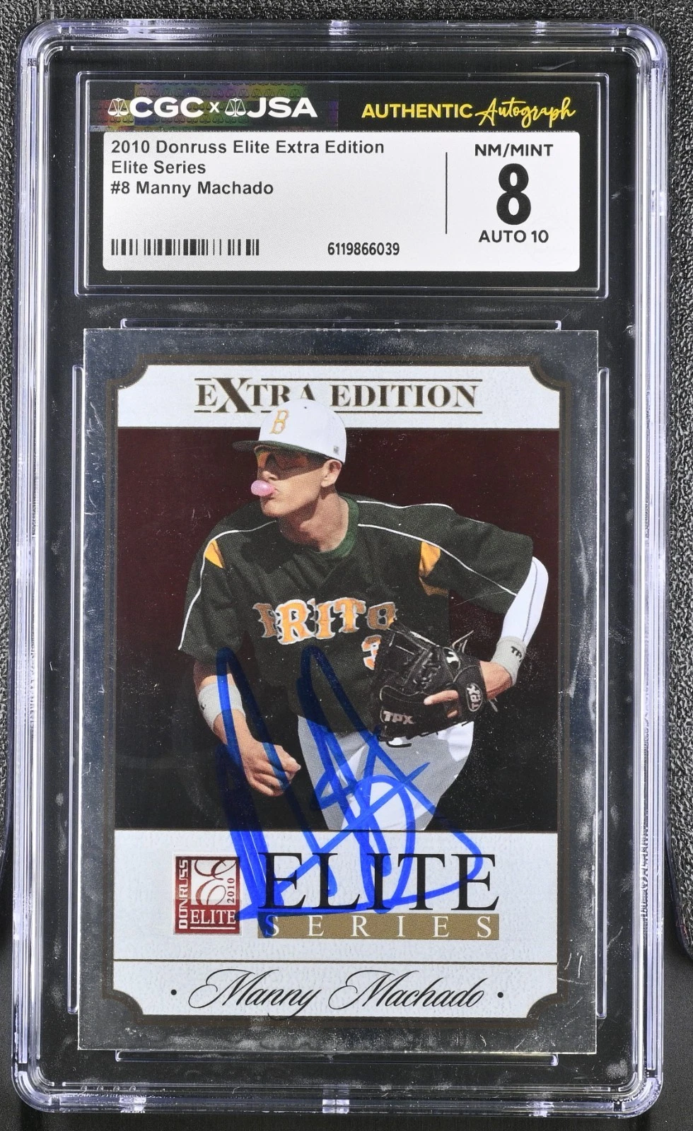 MANNY MACHADO SIGNED 2010 DONRUSS ELITE EXTRA ROOKIE CARD #8 CGC 8 JSA 10 AUTO