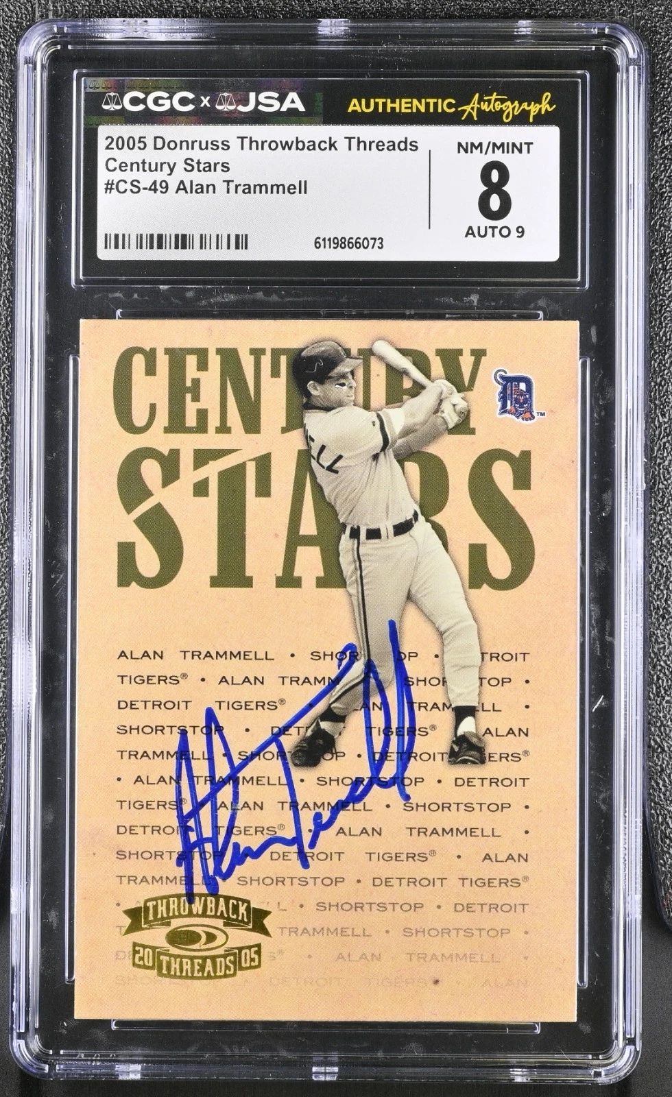 ALAN TRAMMELL SIGNED 2005 DONRUSS THROWBACK THREADS #CS-49 CGC 8 JSA 9 AUTO