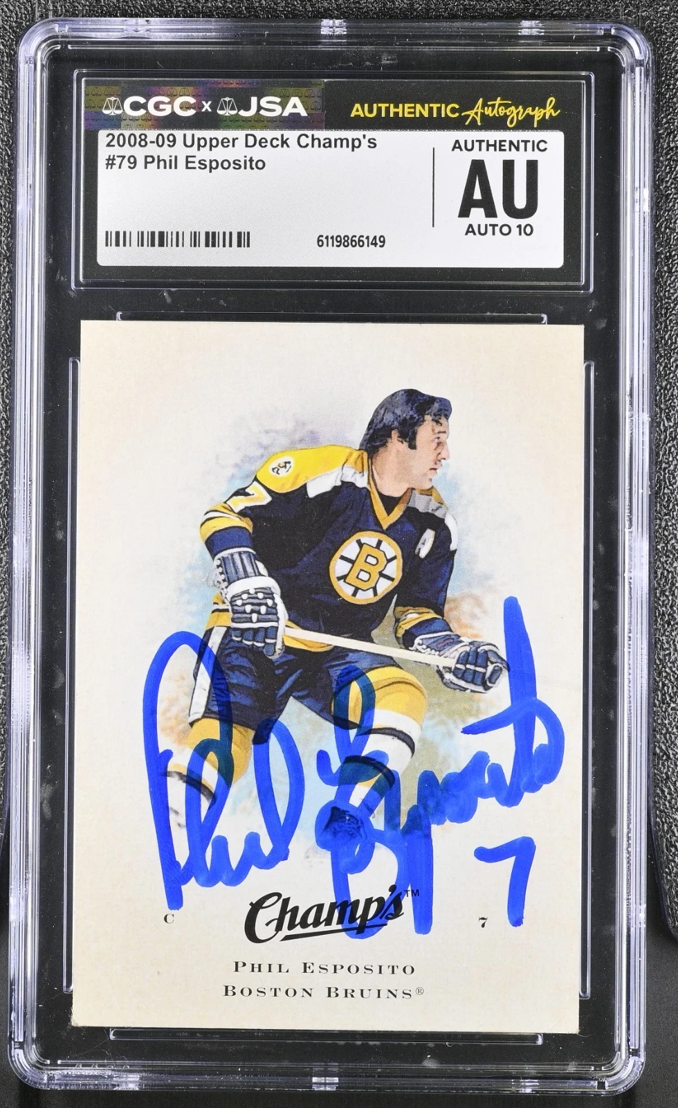 PHIL ESPOSITO SIGNED 2008-09 UPPER DECK CHAMP'S CARD #79 CGC AU JSA 10 AUTO