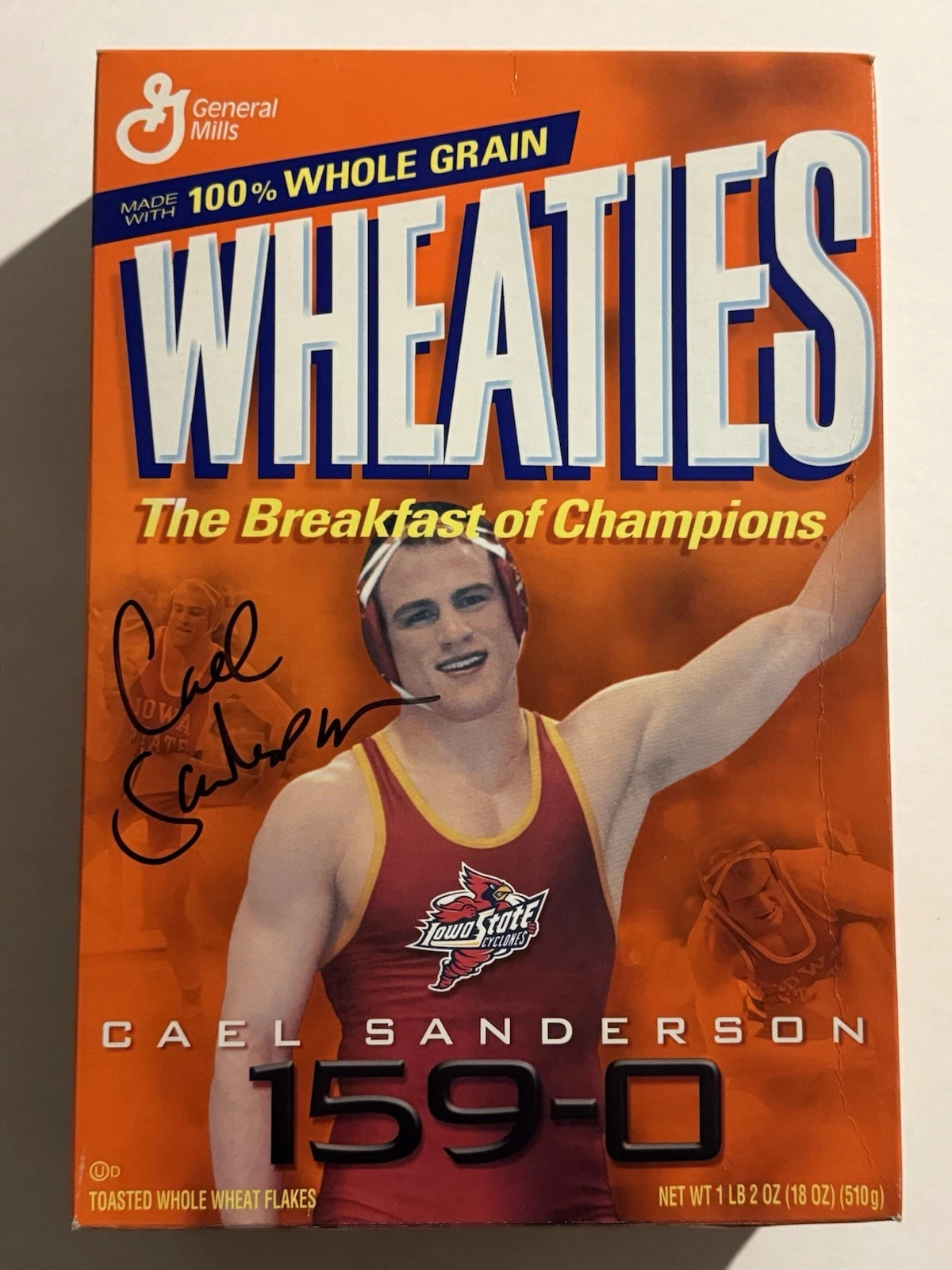 CAEL SANDERSON SIGNED FULL WHEATIES BOX AUTOGRAPHED IOWA STATE WRESTLING COA