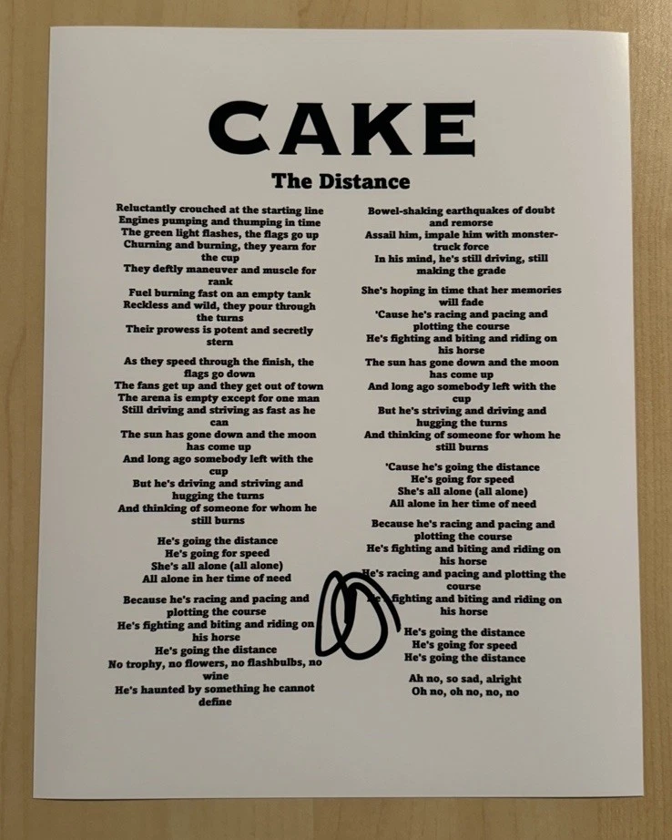 JOHN MCCREA SIGNED LYRIC SHEET AUTOGRAPHED CAKE BAND LEAD SINGER COA