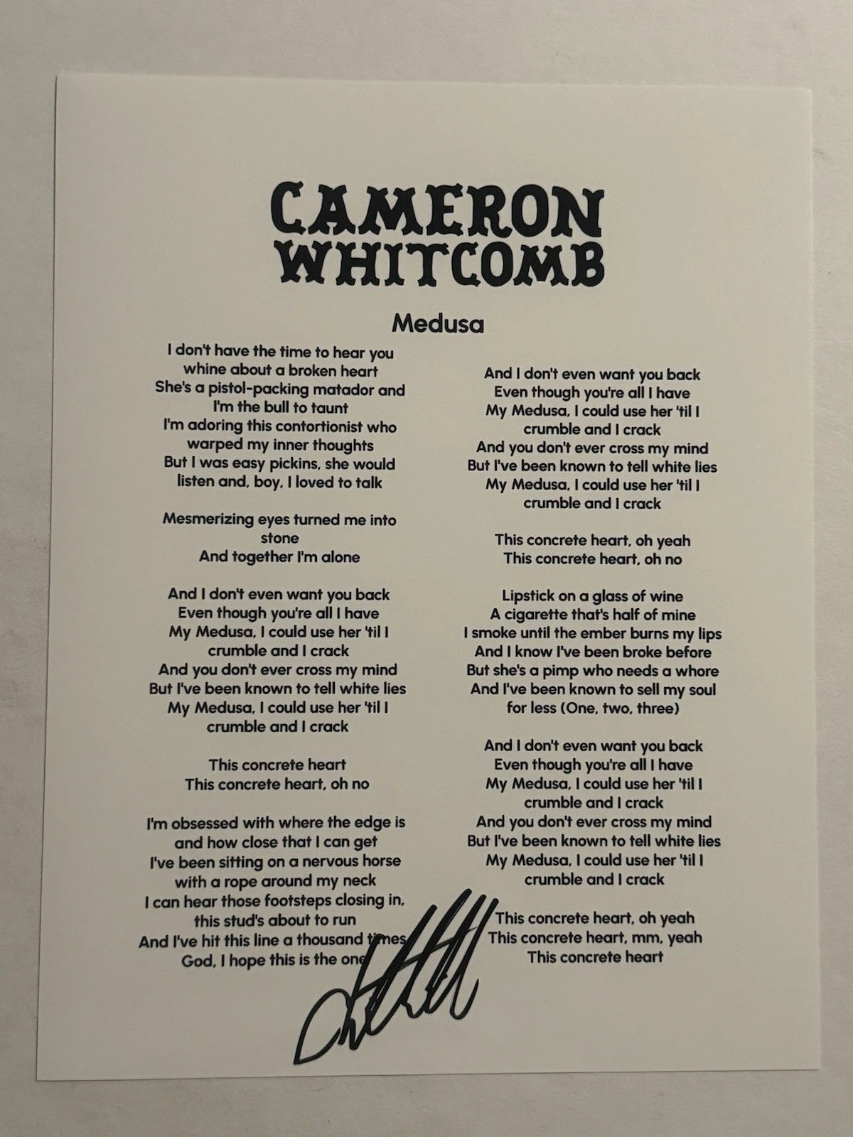 CAMERON WHITCOMB HAND SIGNED MEDUSA LYRIC SHEET AUTOGRAPHED HOT SINGER RARE COA