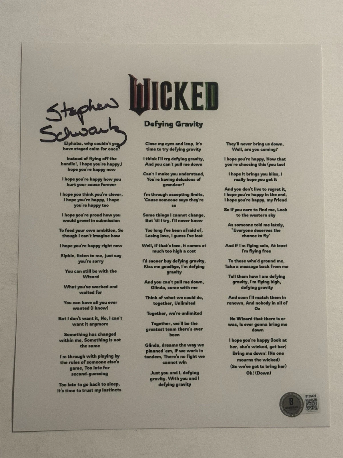 STEPHEN SCHWARTZ SIGNED LYRIC SHEET AUTOGRAPHED WICKED MOVIE COMPOSER BAS COA