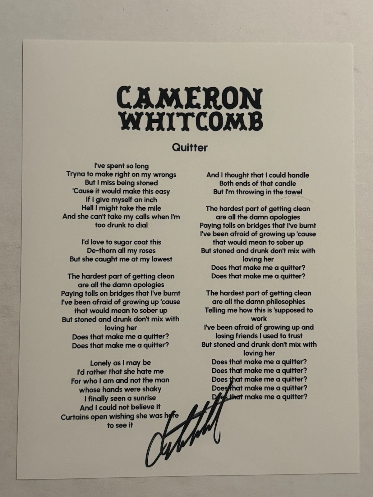 CAMERON WHITCOMB HAND SIGNED QUITTER LYRIC SHEET AUTOGRAPHED HOT SINGER RARE COA