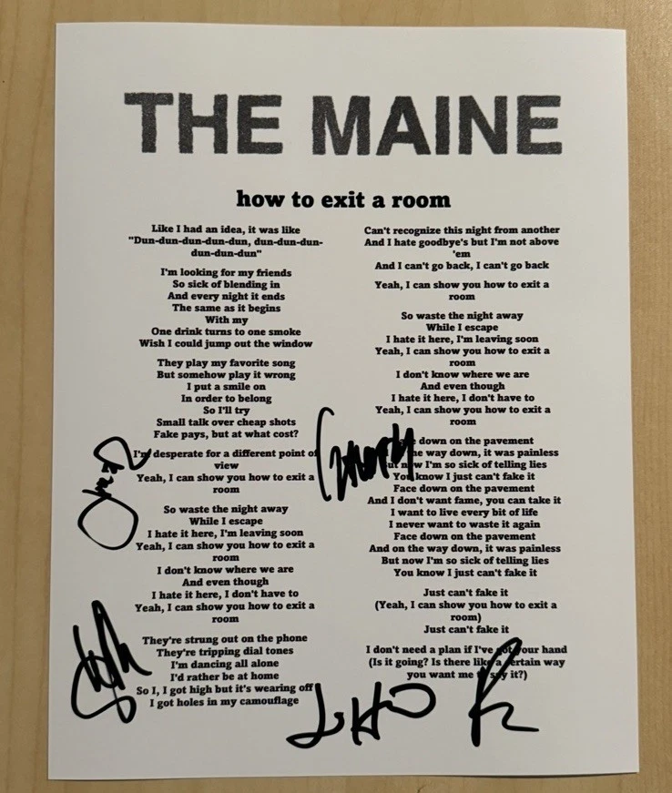 THE MAINE FULL BAND SIGNED LYRIC SHEET AUTOGRAPHED JOHN O’CALLAGHAN RARE COA