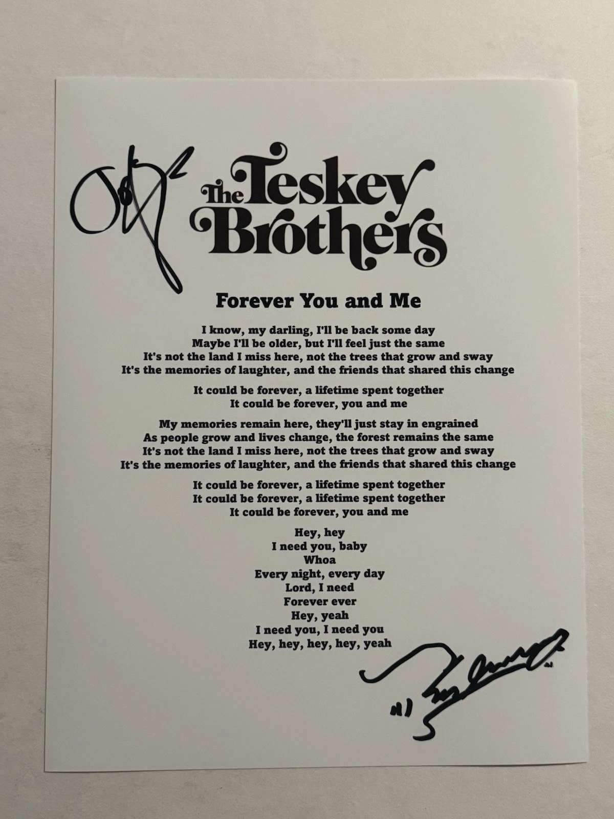 THE TESKEY BROTHERS FULL BAND SIGNED LYRIC SHEET AUTOGRAPHED RARE BLUES ROCK COA