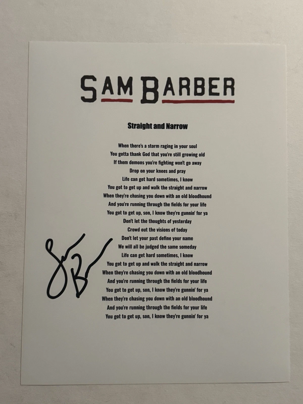 SAM BARBER SIGNED LYRIC SHEET AUTOGRAPHED STRAIGHT AND NARROW SINGER RARE COA