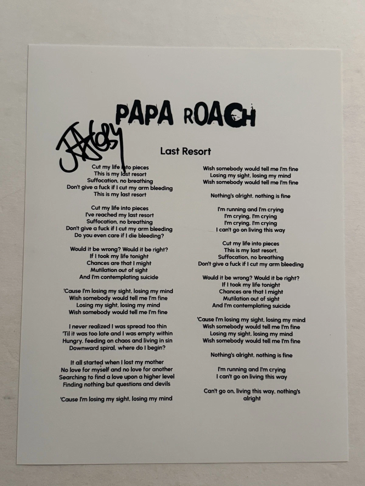 JACOBY SHADDIX SIGNED LYRIC SHEET AUTOGRAPHED PAPA ROACH BAND LEAD SINGER COA