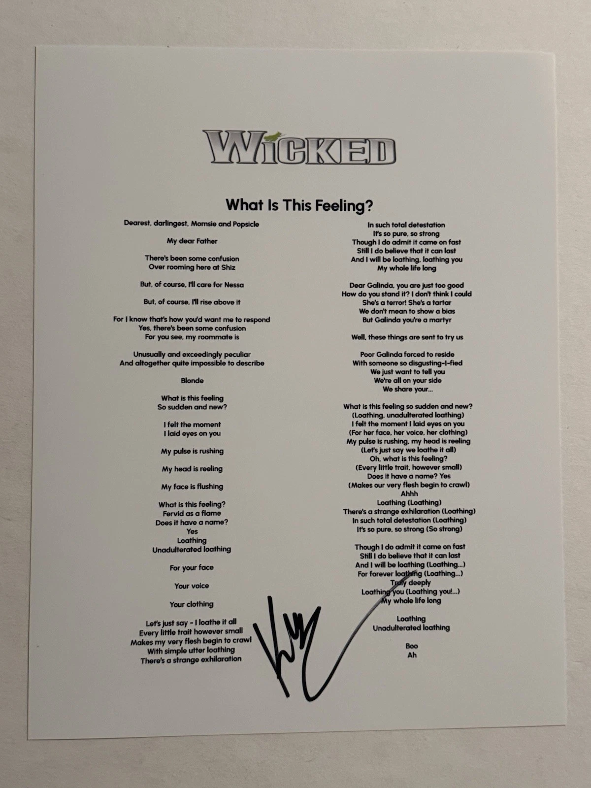 KRISTIN CHENOWETH SIGNED LYRIC SHEET AUTOGRAPHED WICKED BROADWAY PLAY RARE COA