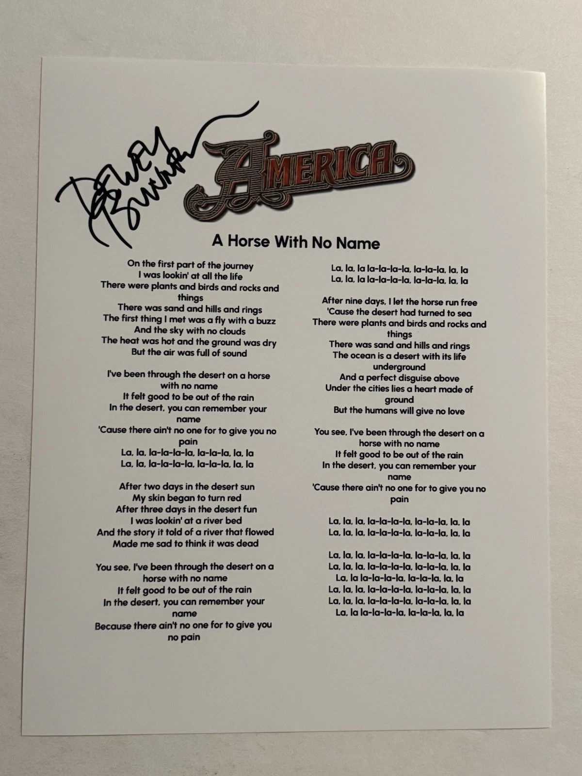 DEWEY BUNNELL HAND SIGNED LYRIC SHEET AUTOGRAPHED AMERICA BAND SINGER COA