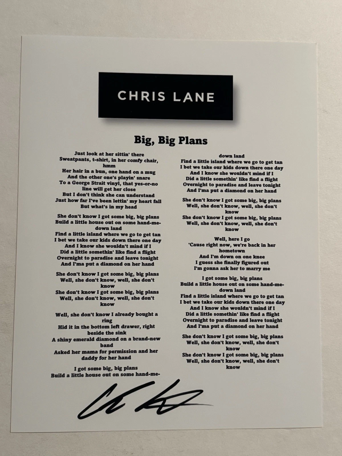 CHRIS LANE SIGNED LYRIC SHEET AUTOGRAPHED COUNTRY SINGER STAR RARE COA