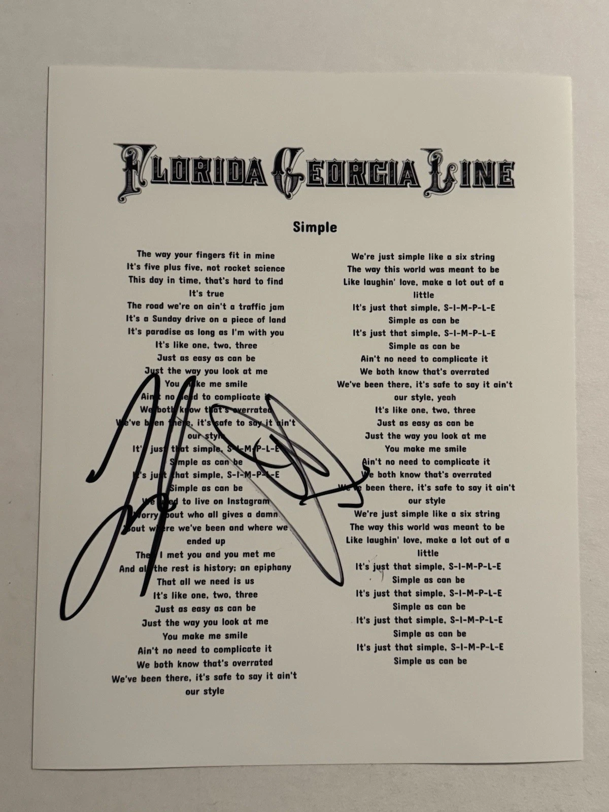 FLORIDA GEORGIA LINE SIGNED LYRIC SHEET AUTOGRAPHED TYLER HUBBARD & BK RARE COA