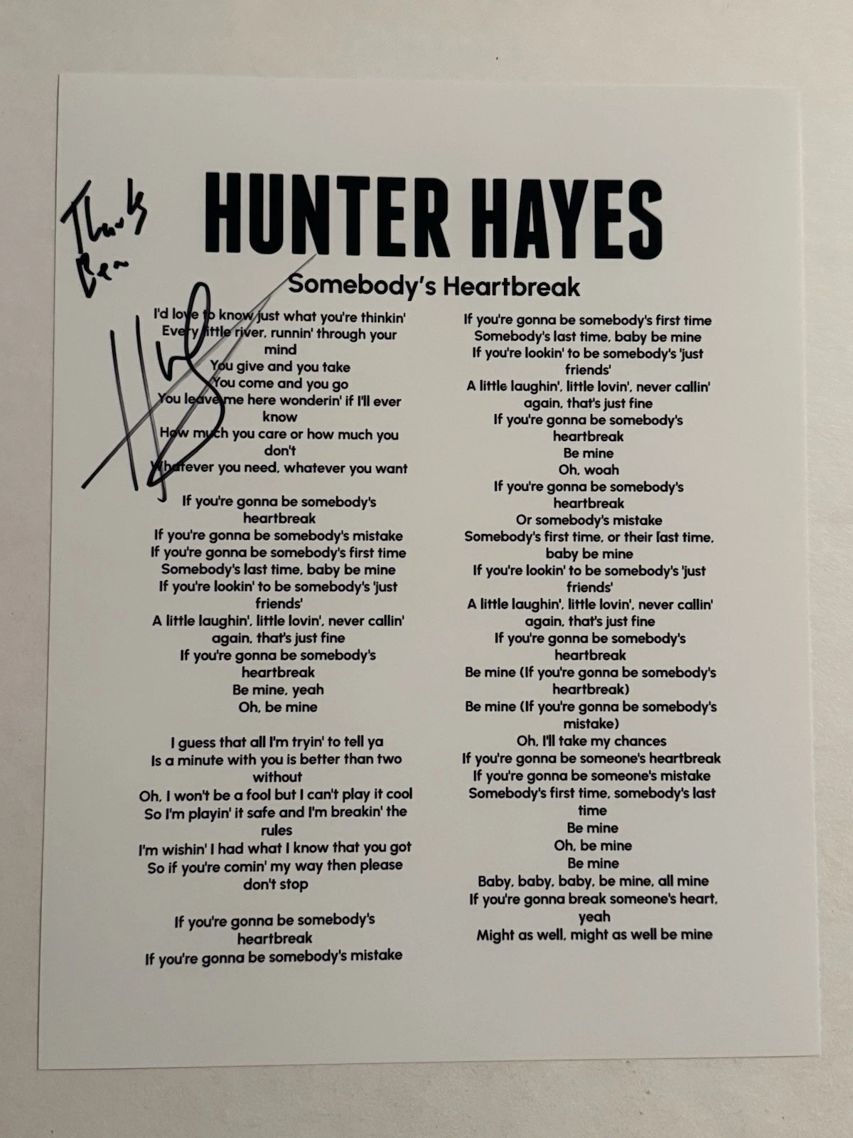 HUNTER HAYES SIGNED LYRIC SHEET AUTOGRAPHED COUNTRY SINGER STAR RARE COA
