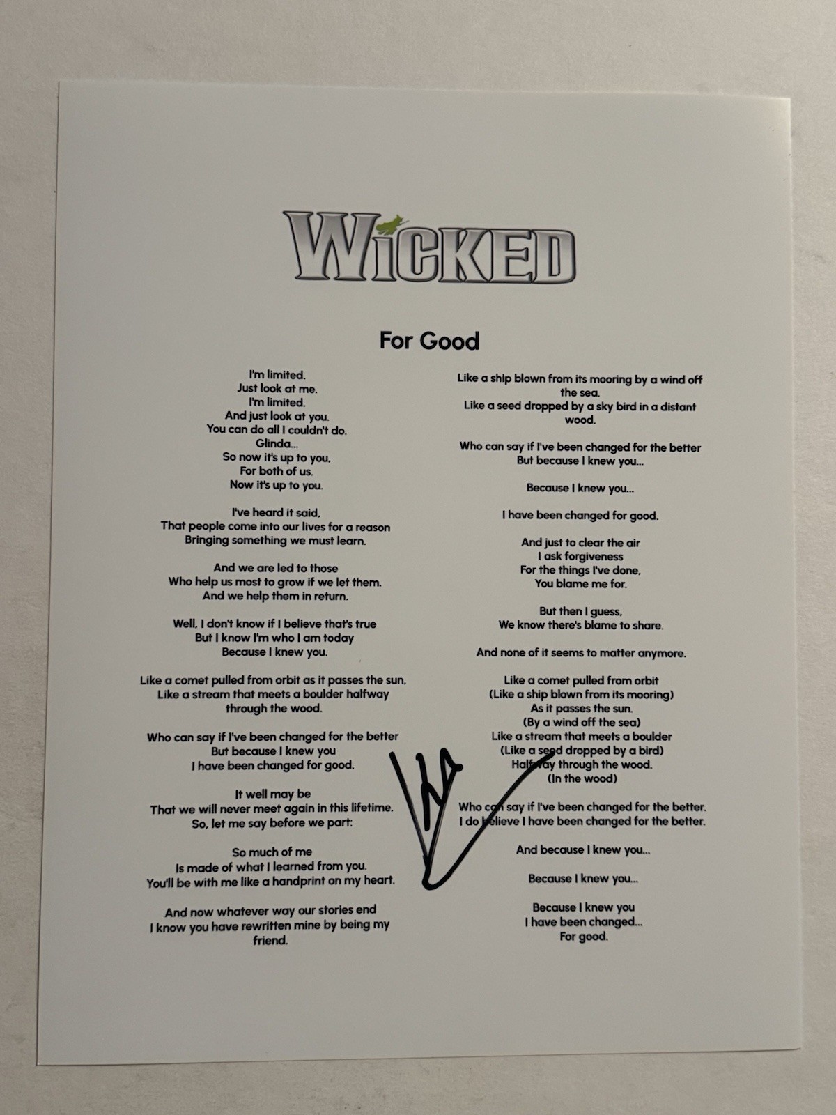 KRISTIN CHENOWETH SIGNED LYRIC SHEET AUTOGRAPHED WICKED BROADWAY PLAY RARE COA