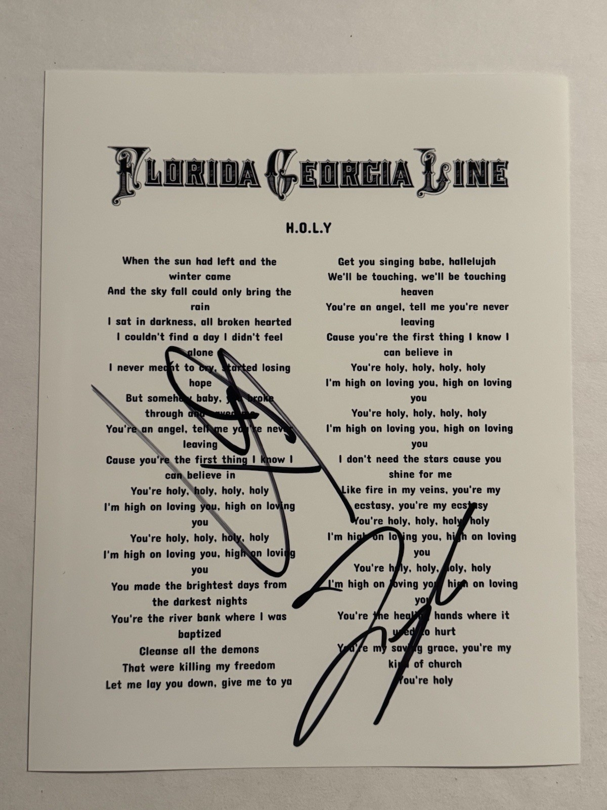 FLORIDA GEORGIA LINE SIGNED LYRIC SHEET AUTOGRAPHED TYLER HUBBARD & BK RARE COA
