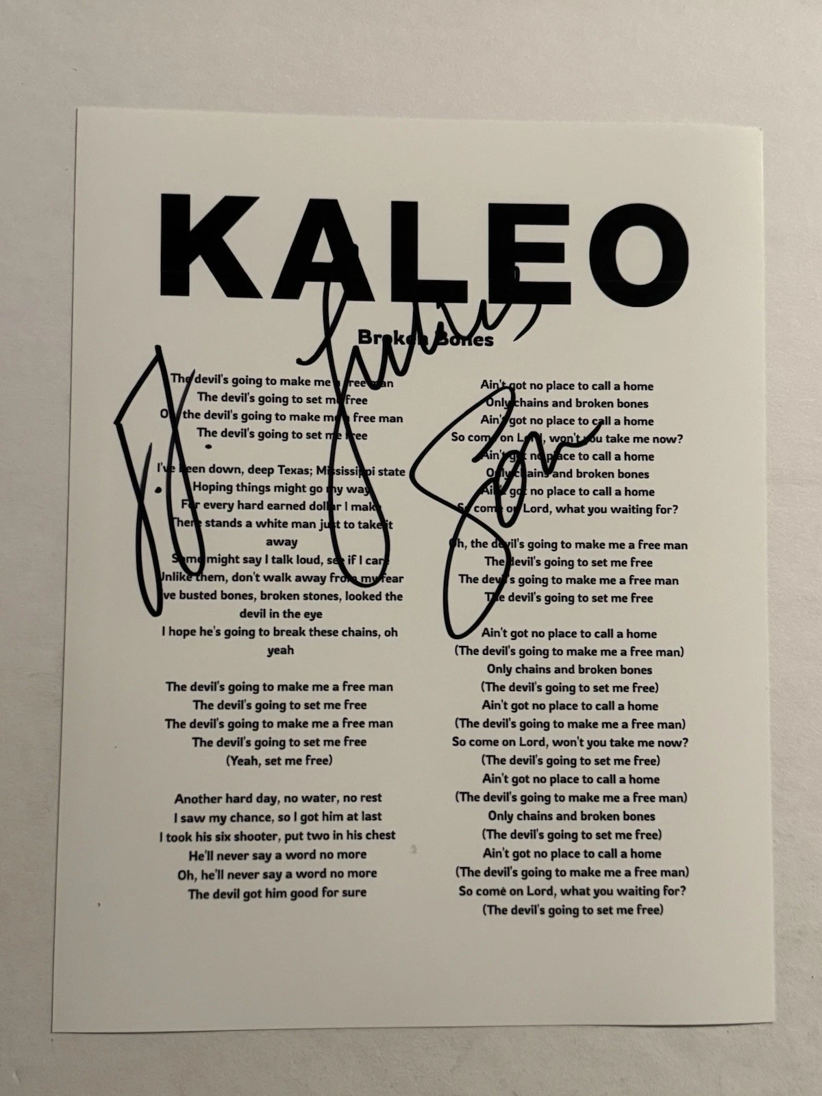 JJ JULIUS SON KALEO BAND LEAD SINGER SIGNED LYRIC SHEET AUTOGRAPHED RARE COA