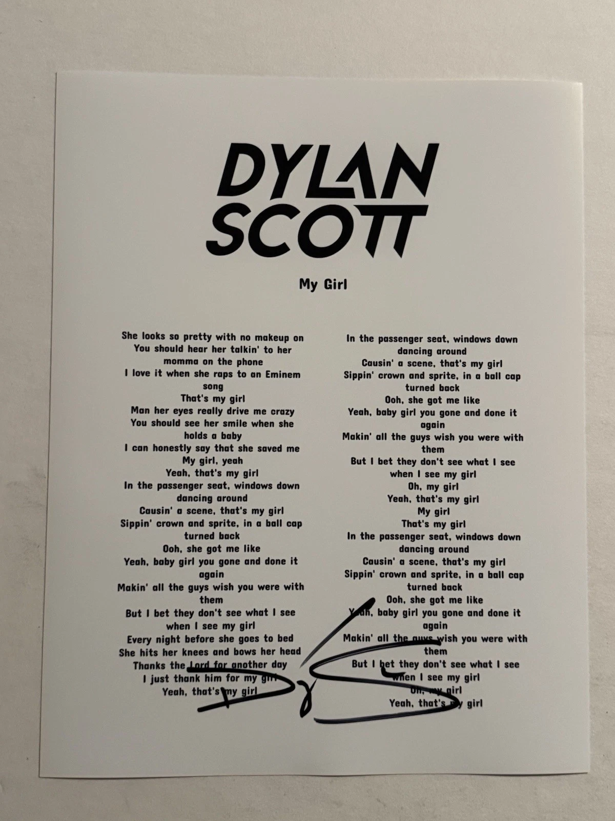 DYLAN SCOTT HAND SIGNED LYRIC SHEET AUTOGRAPHED COUNTRY SINGER RARE COA