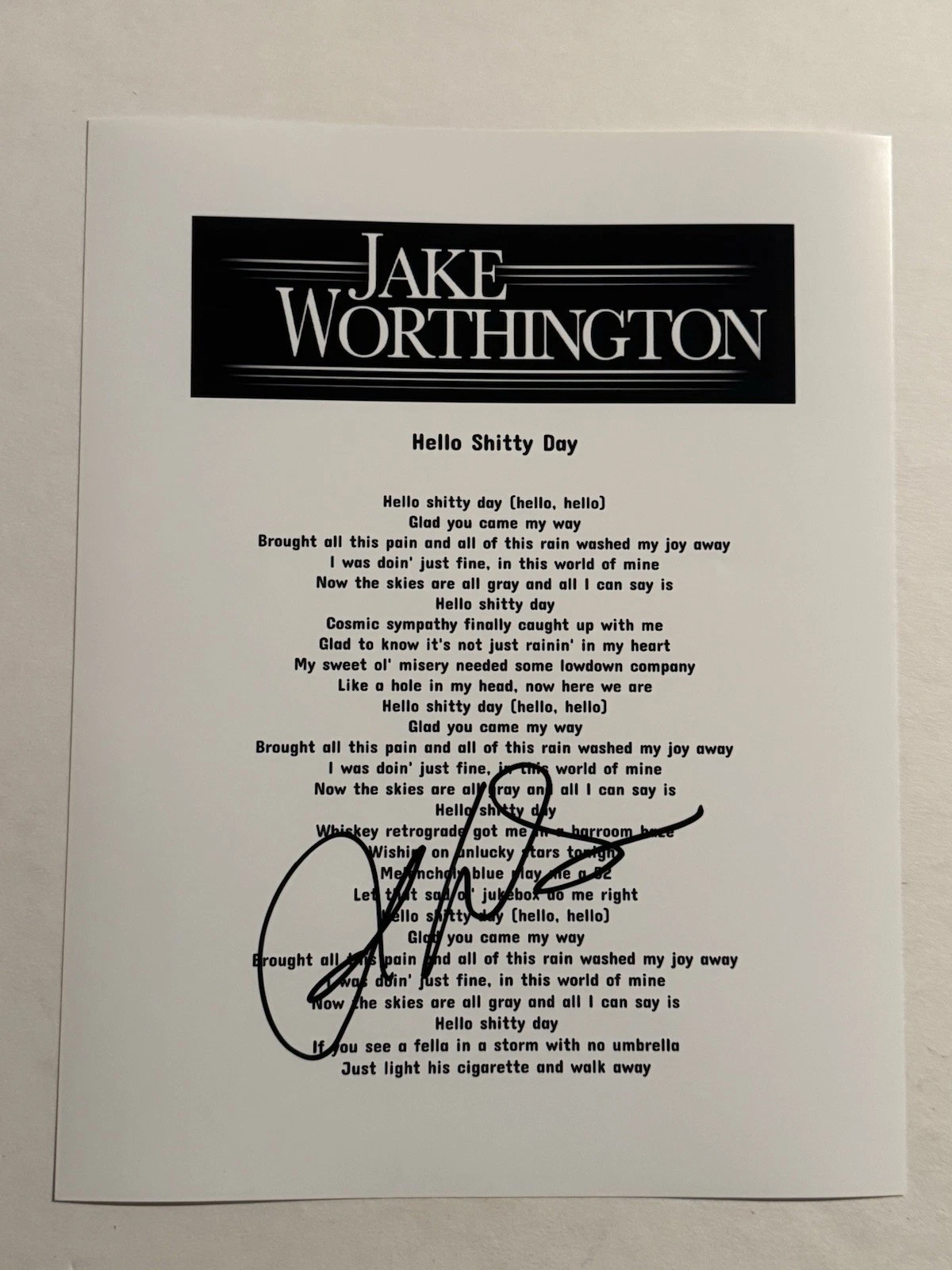 JAKE WORTHINGTON HAND SIGNED LYRIC SHEET AUTOGRAPHED COUNTRY SINGER RARE COA