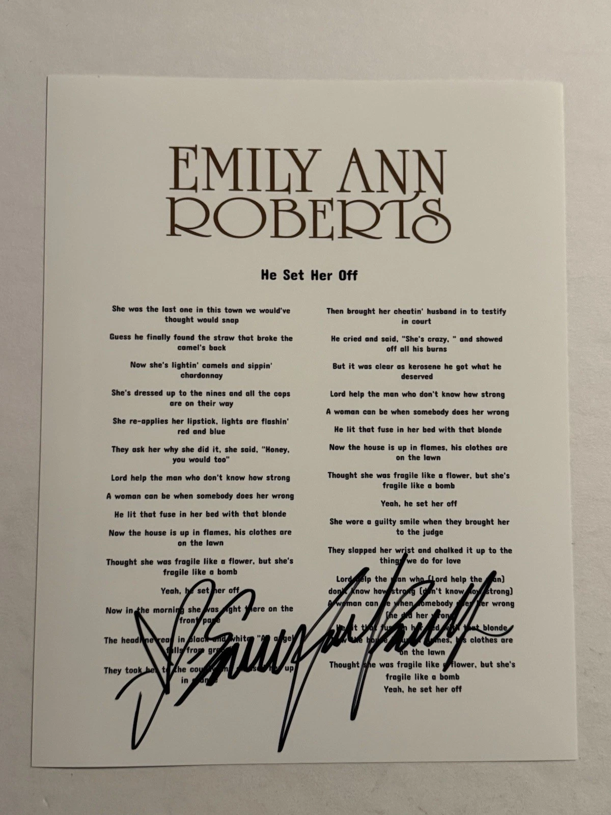 EMILY ANN ROBERTS SIGNED LYRIC SHEET AUTOGRAPHED COUNTRY SINGER STAR RARE COA