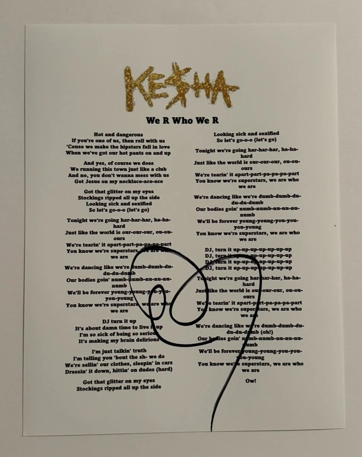 KESHA SIGNED LYRIC SHEET AUTOGRAPHED LEGENDARY POP SINGER RARE COA