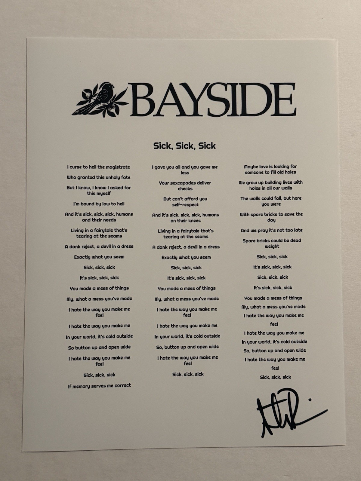 ANTHONY RANERI SIGNED LYRIC SHEET AUTOGRAPHED BAYSIDE BAND LEAD SINGER COA