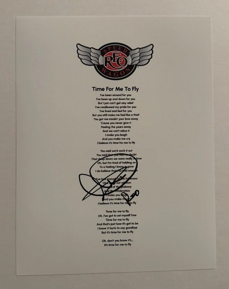 KEVIN CRONIN SIGNED LYRIC SHEET AUTOGRAPHED REO SPEEDWAGON BAND LEAD SINGER COA