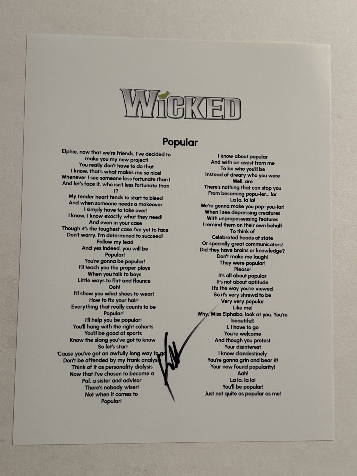 KRISTIN CHENOWETH SIGNED LYRIC SHEET AUTOGRAPHED WICKED BROADWAY PLAY RARE COA