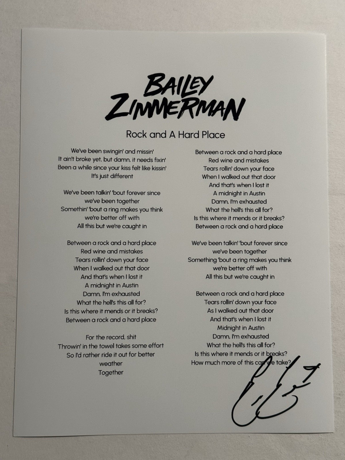 BAILEY ZIMMERMAN HAND SIGNED LYRIC SHEET AUTOGRAPHED COUNTRY SINGER RARE COA