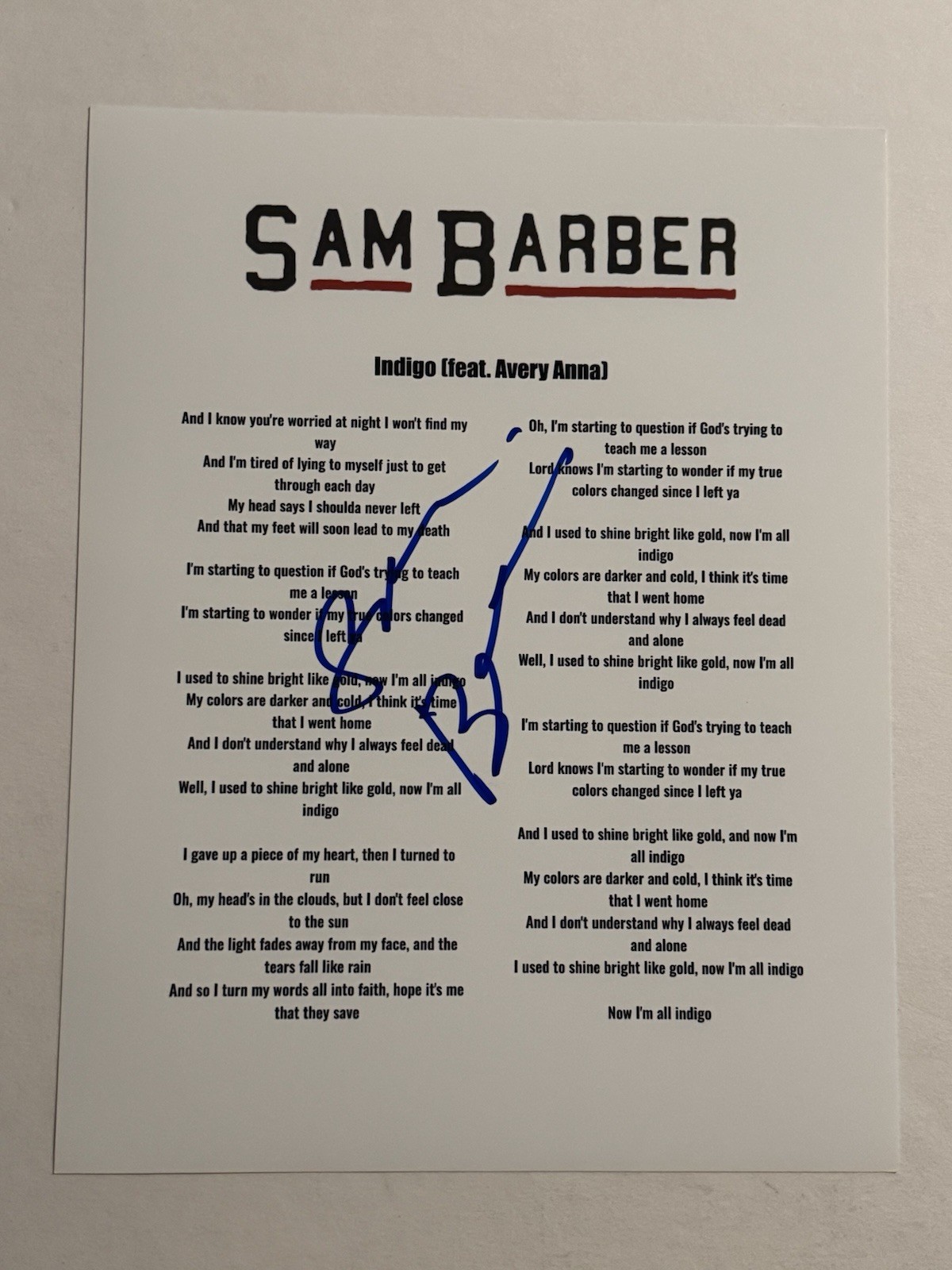 SAM BARBER SIGNED LYRIC SHEET AUTOGRAPHED INDIGO COUNTRY SINGER RARE COA
