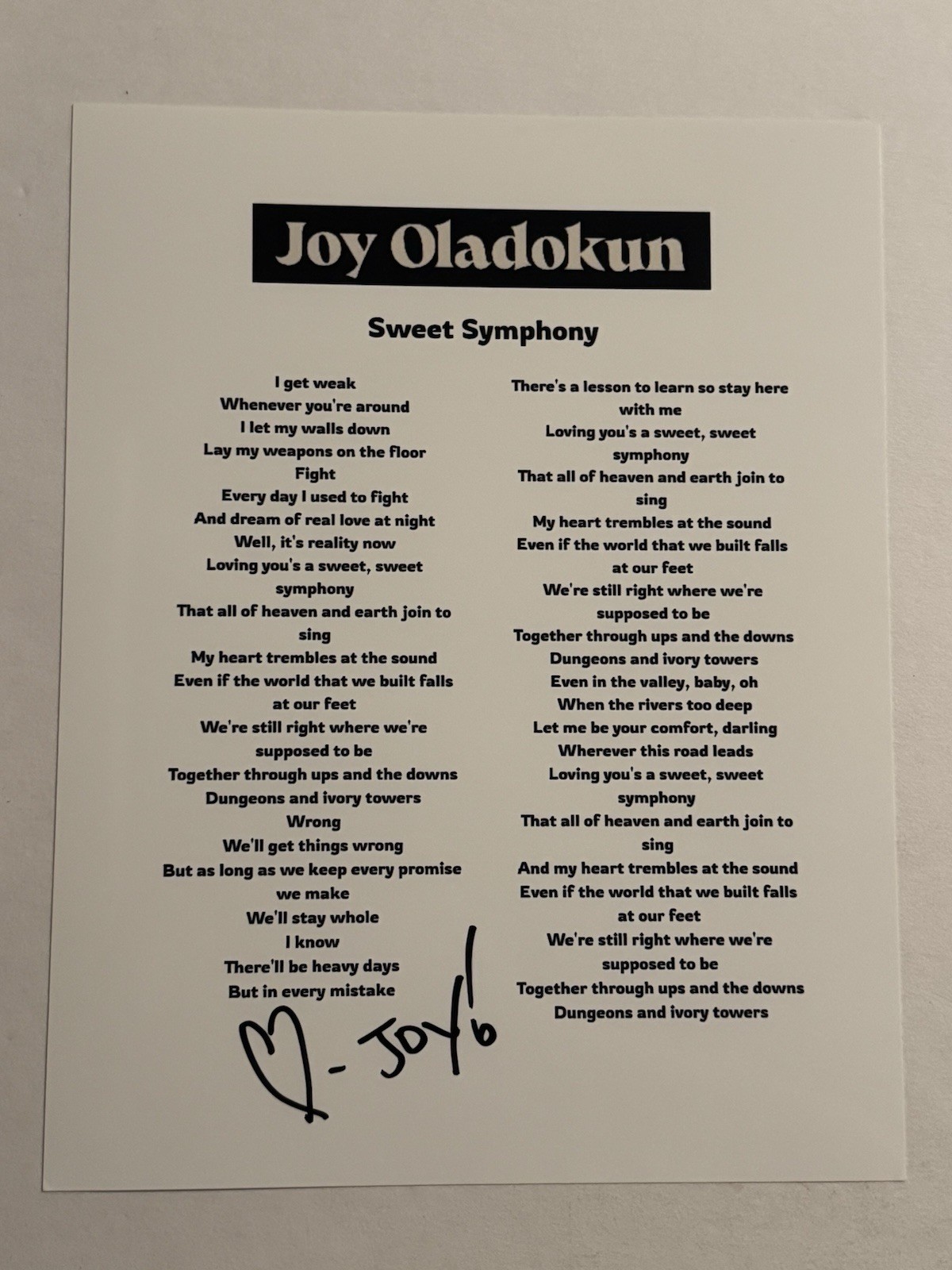 JOY OLADOKUN SIGNED LYRIC SHEET AUTOGRAPHED INDIE SINGER STAR RARE COA