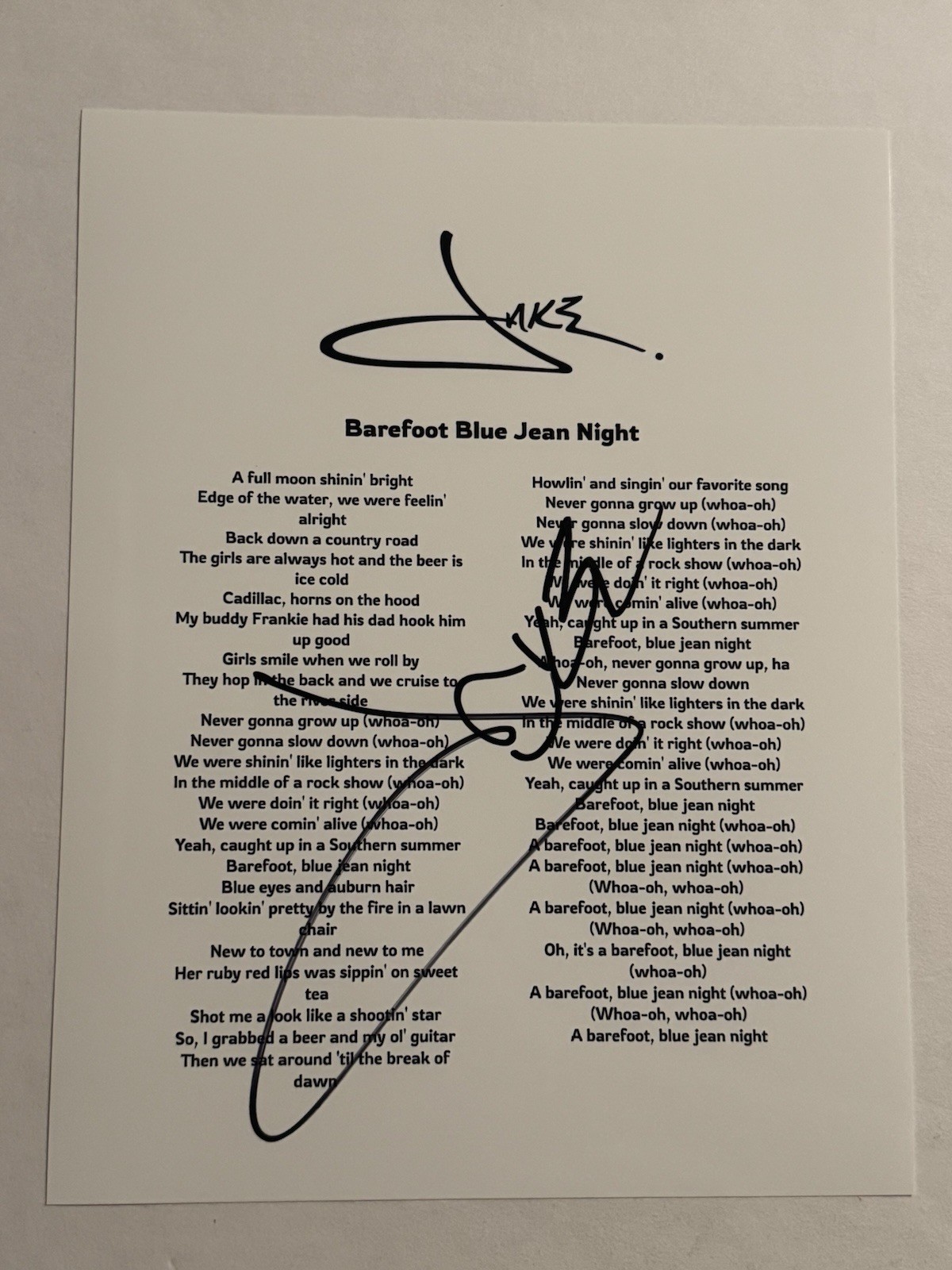JAKE OWEN SIGNED LYRIC SHEET AUTOGRAPHED COUNTRY SINGER RARE COA