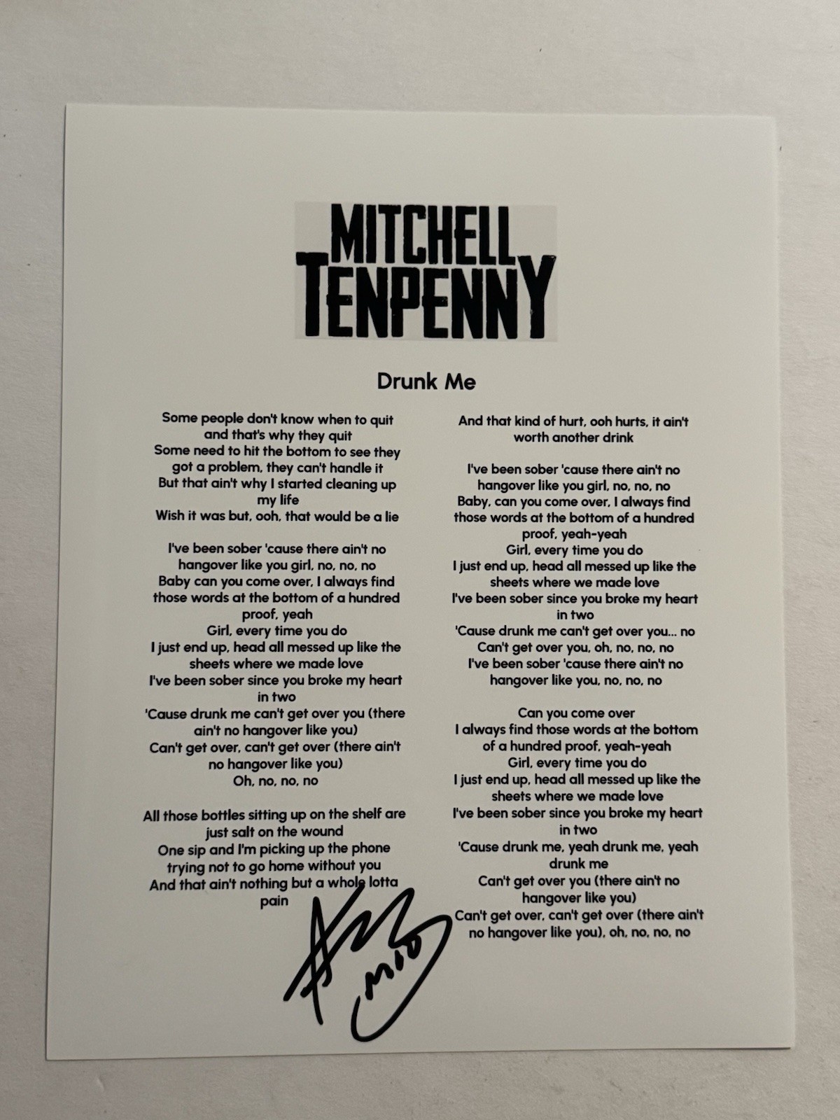 MITCHELL TENPENNY HAND SIGNED LYRIC SHEET AUTOGRAPHED COUNTRY SINGER RARE COA