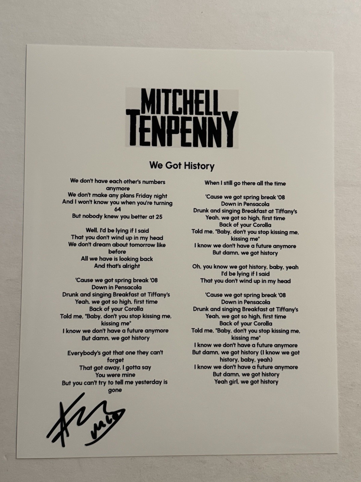 MITCHELL TENPENNY HAND SIGNED LYRIC SHEET AUTOGRAPHED COUNTRY SINGER RARE COA