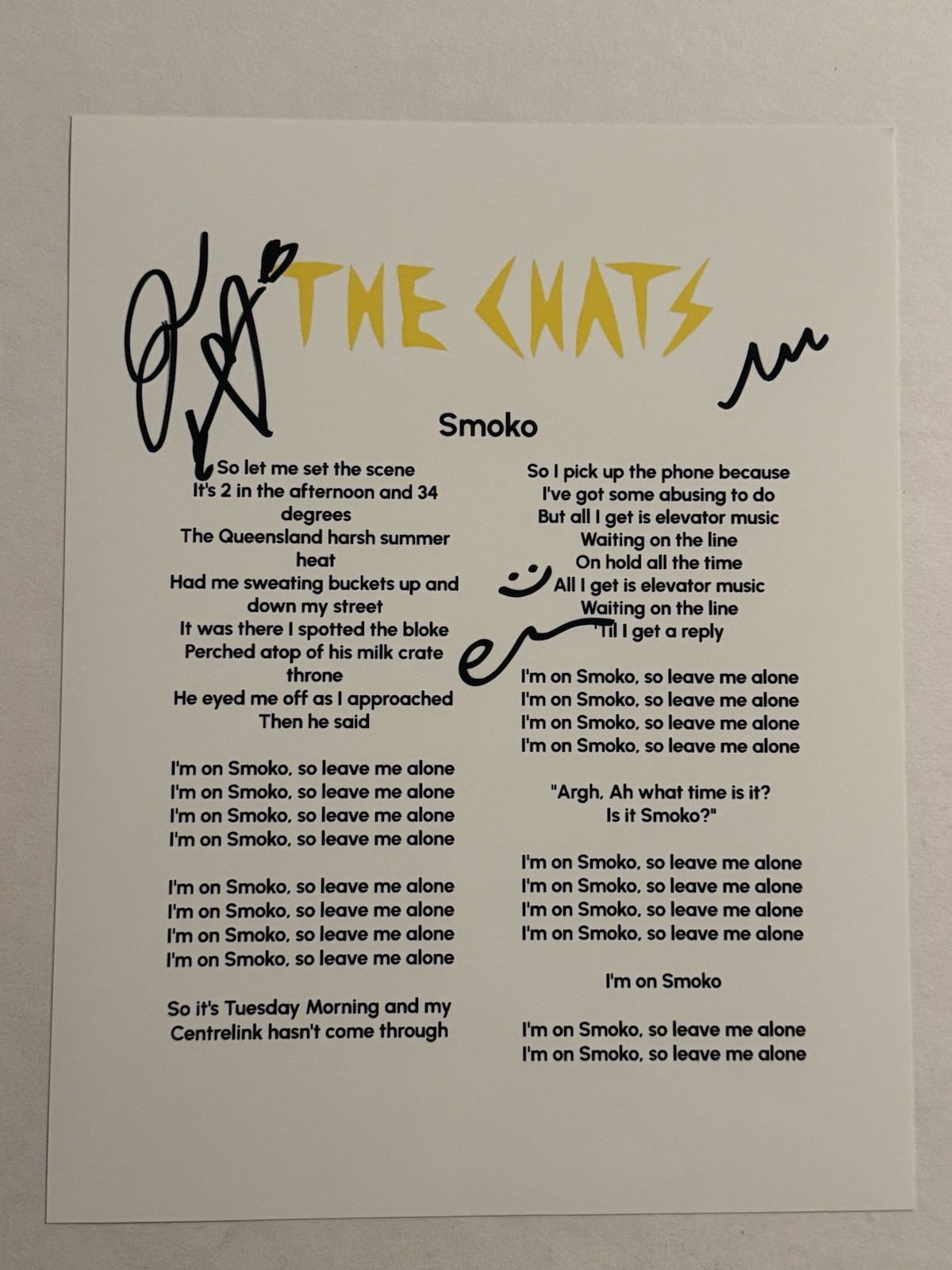 THE CHATS SIGNED LYRIC SHEET FULL BAND AUTOGRAPHED AUSTRALIAN BAND VERY RARE COA