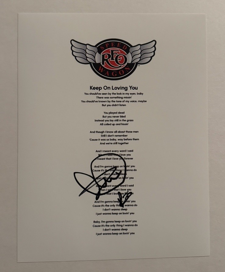 KEVIN CRONIN SIGNED LYRIC SHEET AUTOGRAPHED REO SPEEDWAGON BAND LEAD SINGER COA