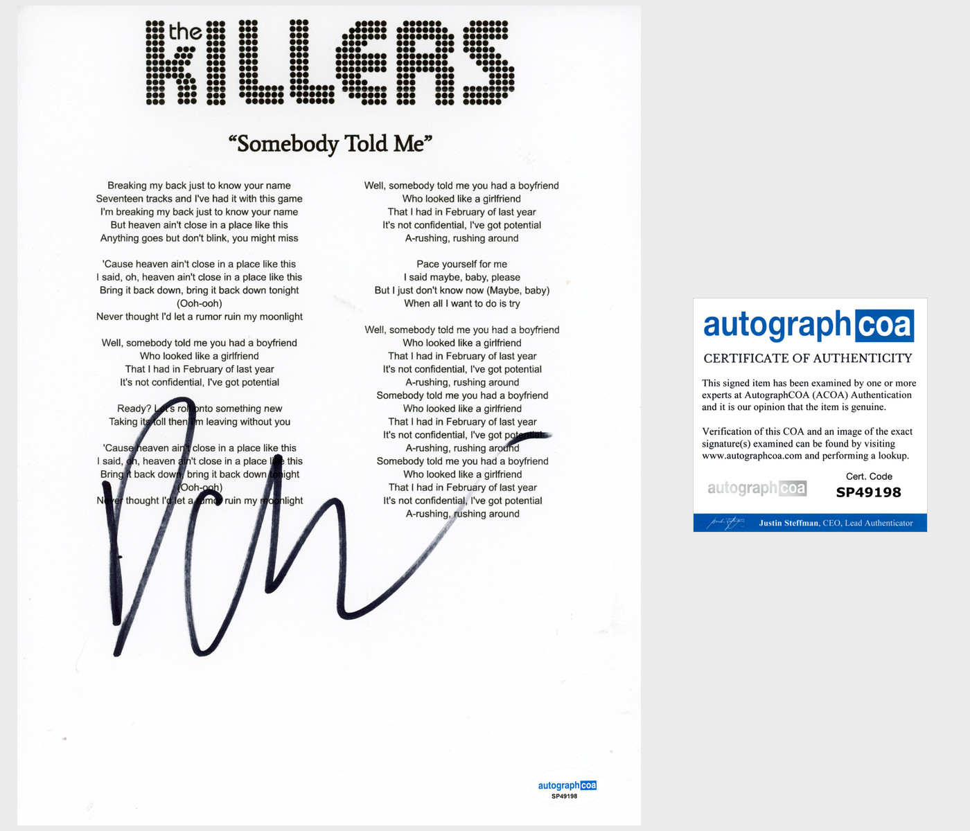 Dave Keuning 'The Killers' Band Signed Lyric Sheet 'Somebody Told Me' ACOA