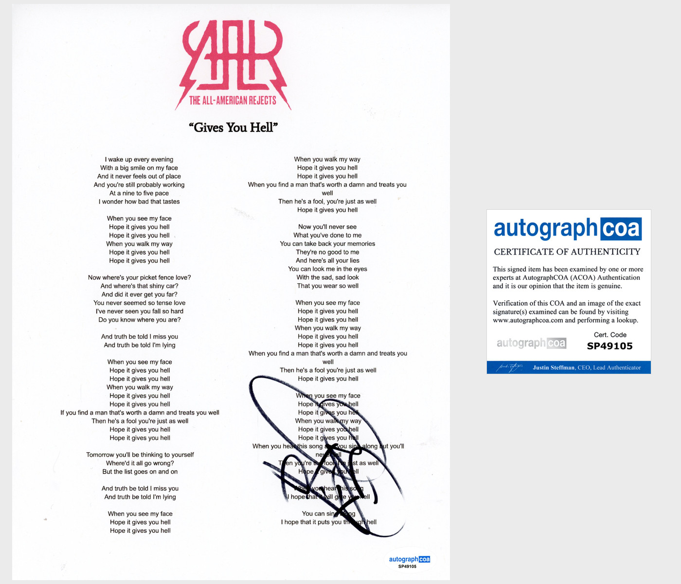 Tyson Ritter 'All American Rejects' Signed Lyric Sheet 'Gives You Hell' ACOA