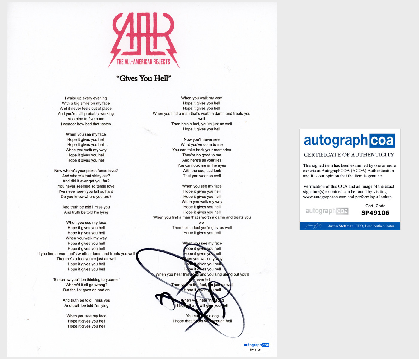 Tyson Ritter 'All American Rejects' Signed Lyric Sheet 'Gives You Hell' ACOA