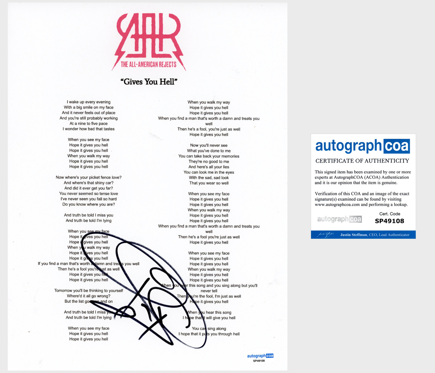Tyson Ritter 'All American Rejects' Signed Lyric Sheet 'Gives You Hell' ACOA